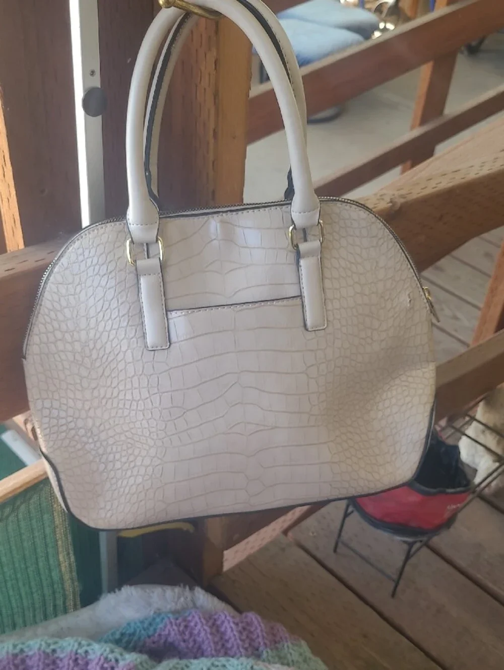 London Fog Cream Croc-Embossed Satchel with Gold Hardware - Picture 3 of 11